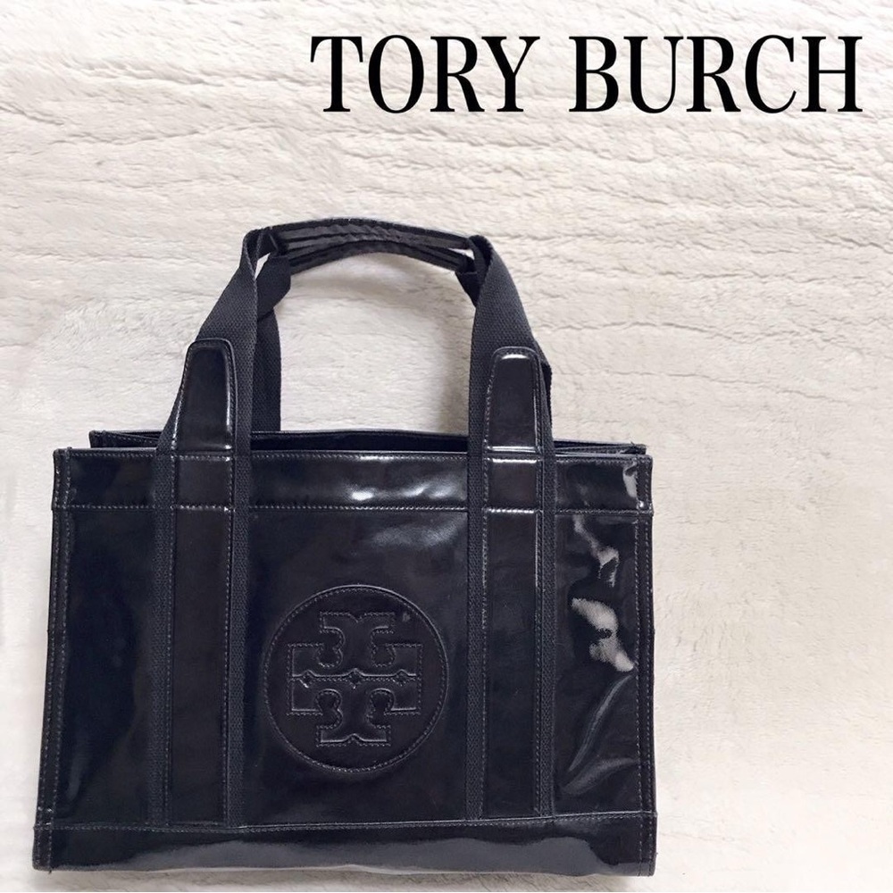 Tory Burch Black Patent Leather Logo Tote